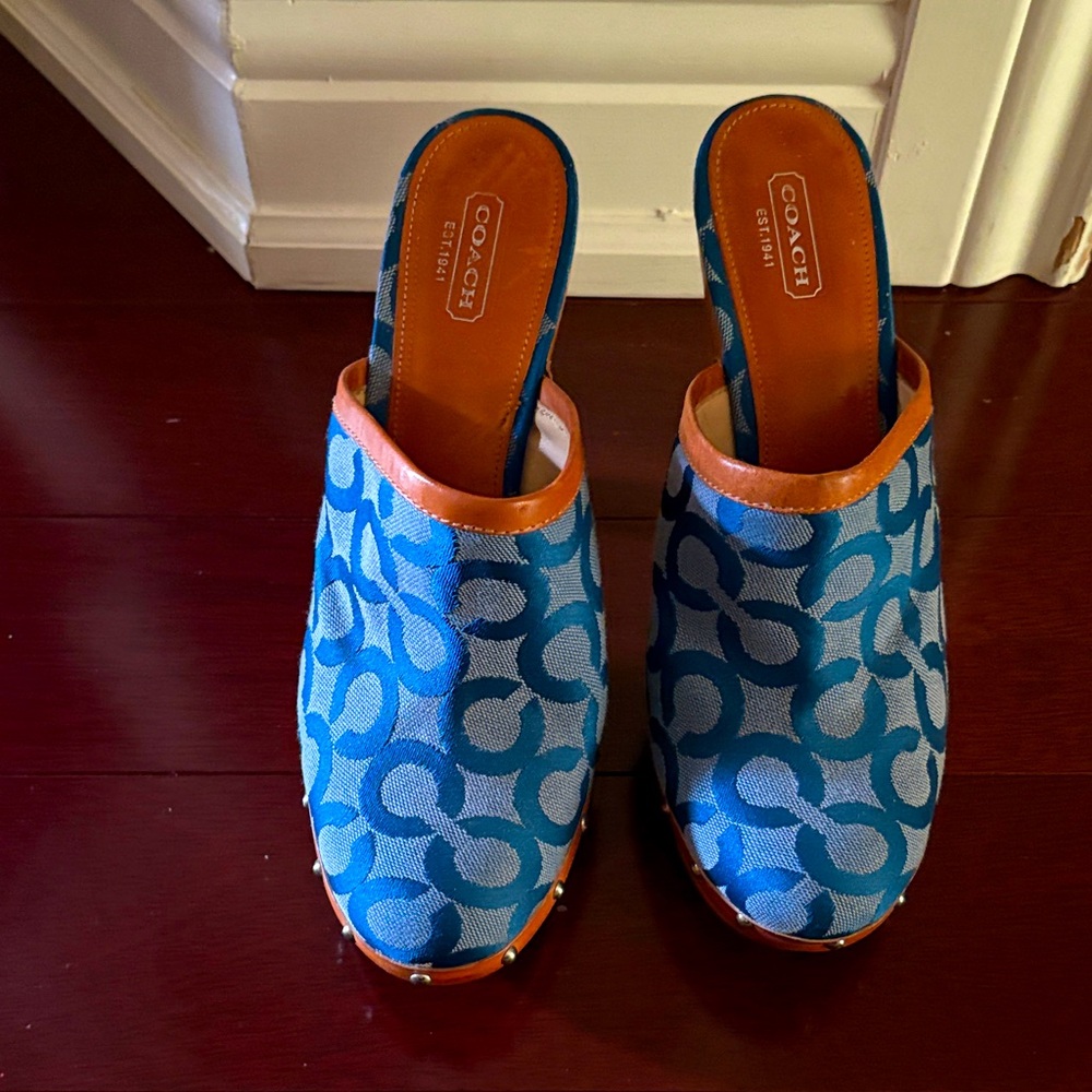 Coach Blue and Tan Patterned Mules